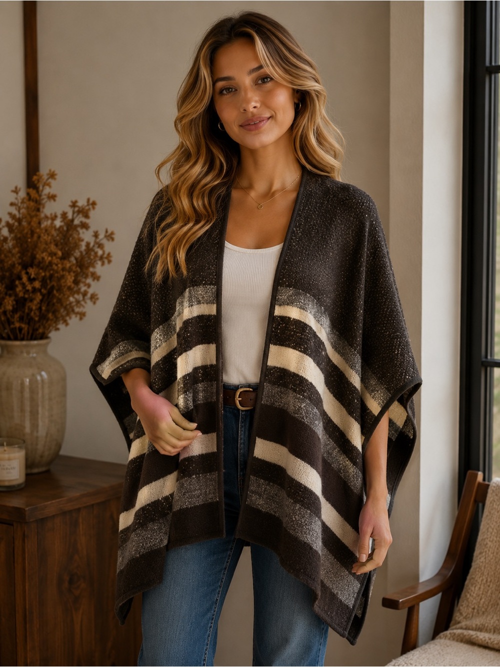 Ike Behar Brown & Cream Textured Open Cardigan
